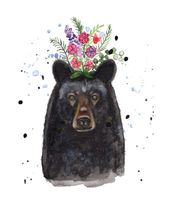 A black bear with flowers on his head.