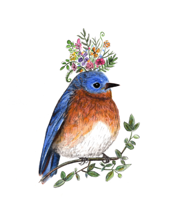 A blue bird with flowers on its head.