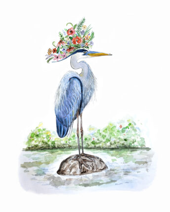 A watercolor illustration of a blue heron wearing a flower hat.