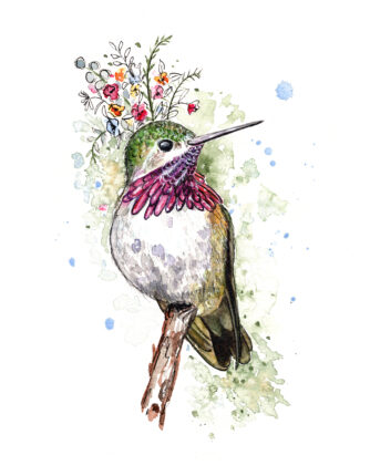 A watercolor illustration of a hummingbird with flowers on its head.