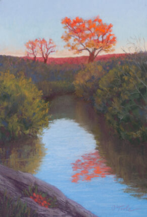 A painting of a river with trees in the background.