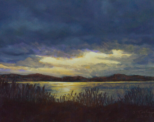 A painting of a dark sky over a lake.