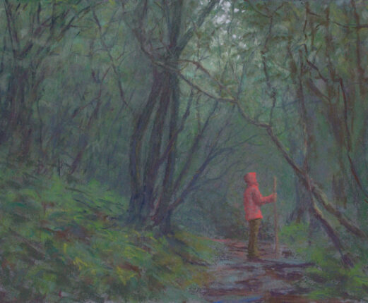 A painting of a man in a red jacket in the woods.