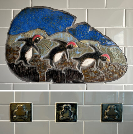 Two pictures of penguins on a tiled wall.