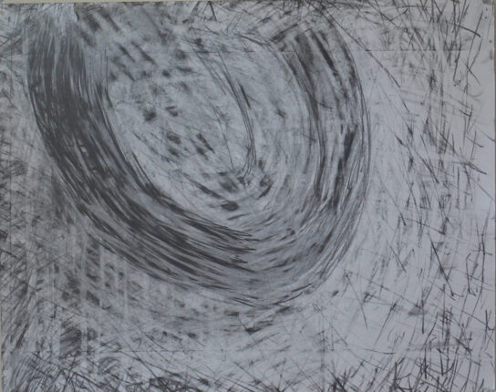 A black and white painting of a spiral