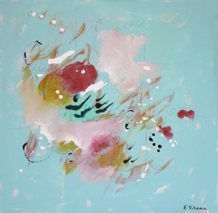 An abstract painting with pink, blue, and yellow colors.