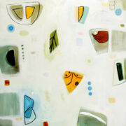 An abstract painting with various shapes and colors.