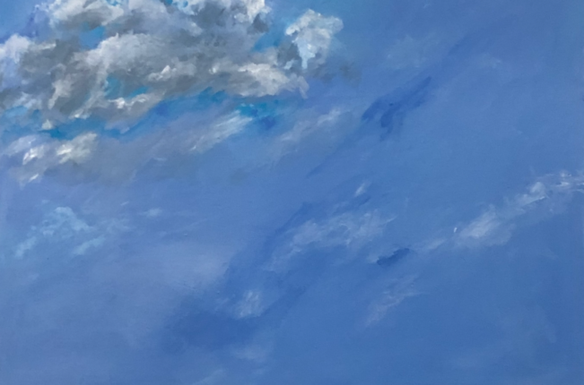 A painting of clouds in the sky with blue skies.