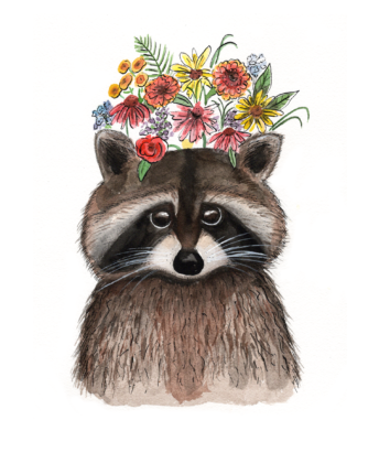 A watercolor illustration of a raccoon with flowers on his head.